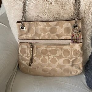 Coach Tan and Bronze Signature Shoulder Bag with Bronze leather and silver chain
